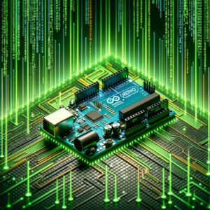Thumbnail image for an Arduino and Assembler tutorial, featuring a central Arduino board with subtle Matrix-style green code in the background, highlighting the blend of modern technology and classic Assembler programming