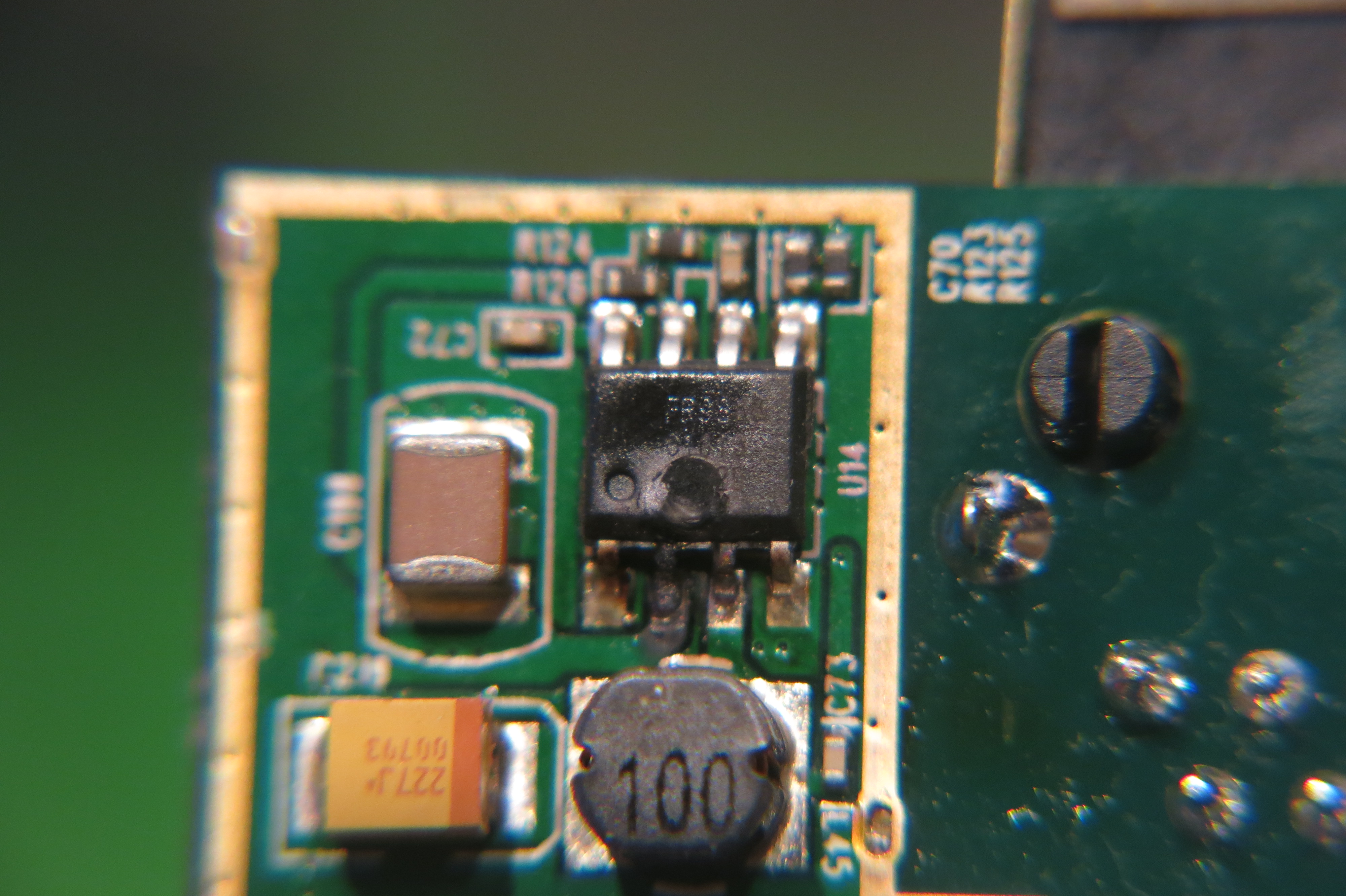 The damaged FR9888 on the board, before it was identified from its datasheet