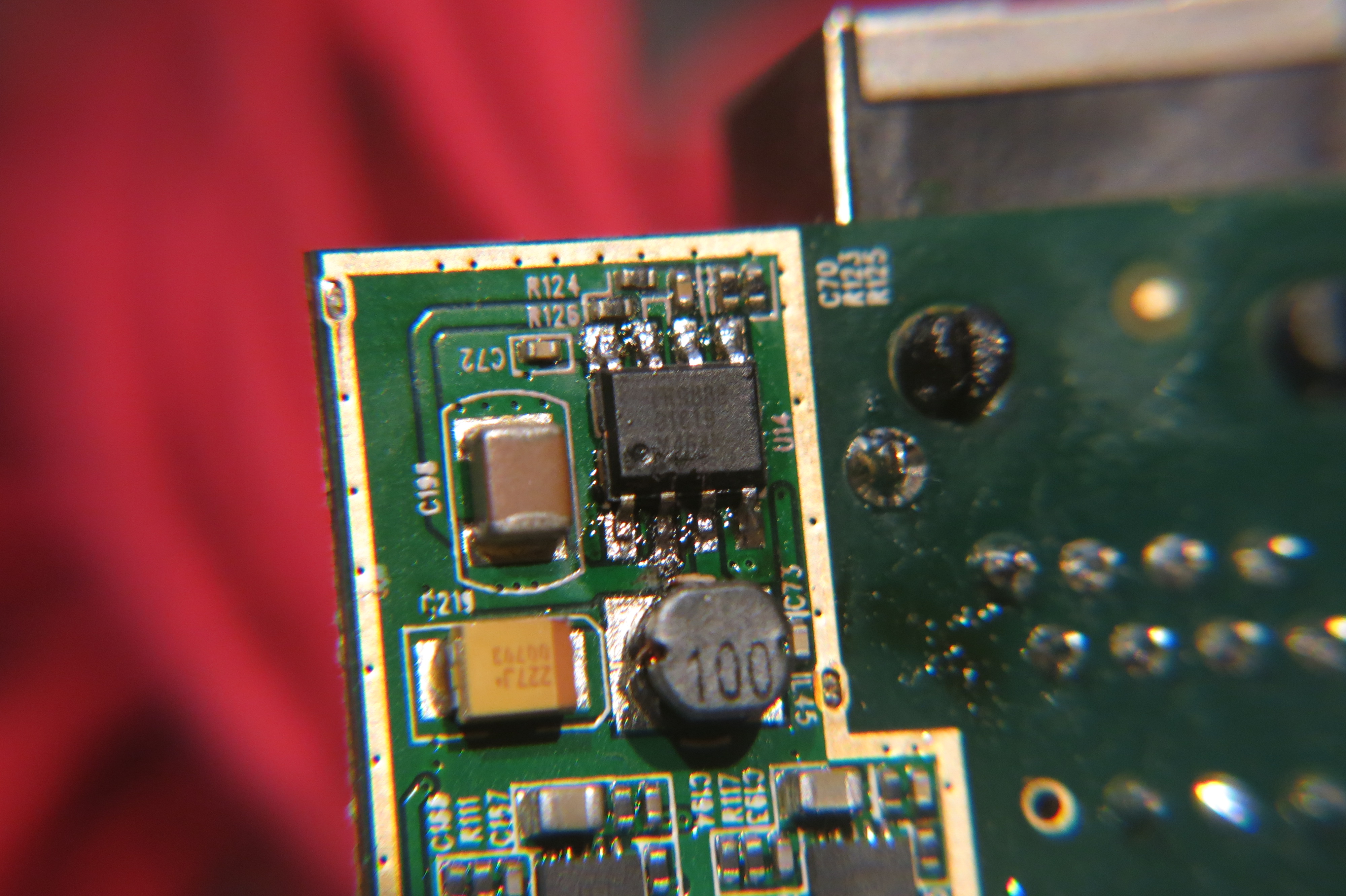 The replacement FR9888 soldered in, found via the datasheet's PCB layout cross-check